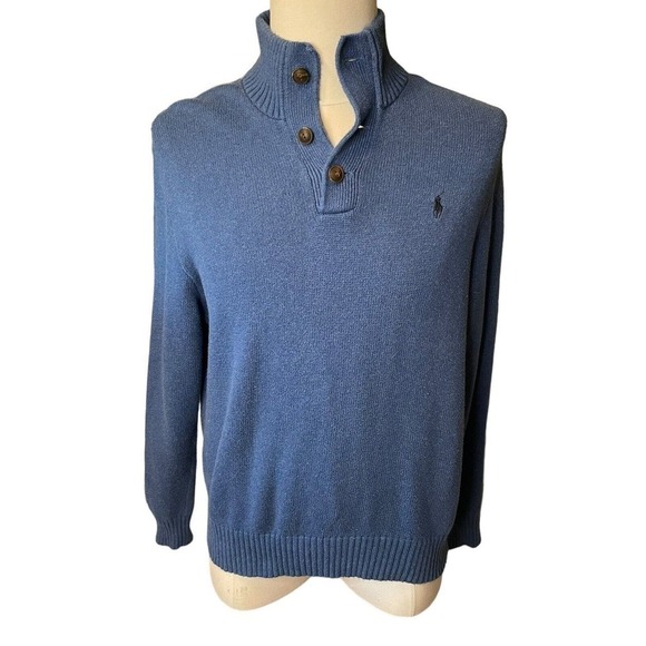 Ralph Lauren Polo Quarter Button Pullover Sweater Large Blue Preppy Academia - Picture 1 of 7